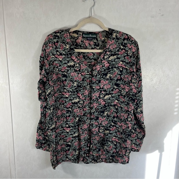 French Affair Black and Pink Floral Blouse with Front Buttoned Design vintage - Picture 1 of 5
